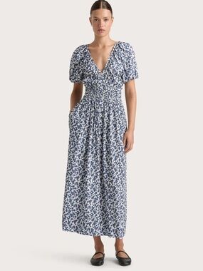 Faithfull the Brand Valras Blue and White Floral Puff Sleeve Midi Dress